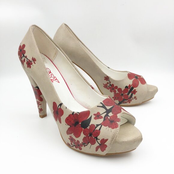 GOBY Sakura Red Floral Peep Toe High Heels Pumps Womens 8 - Picture 1 of 10